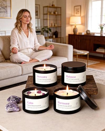 AOOVOO Kristall-Beruhigungskerzen Set für Frauen - 4er-Pack 26 oz Sojawachs-Kerze für duftendes Zuhause, 200 Stunden langanhaltende Kerze, Calm Amethyst/Serenity Clear Quartz/Harmony Rose Quartz/Balance Lapis Lazuli
