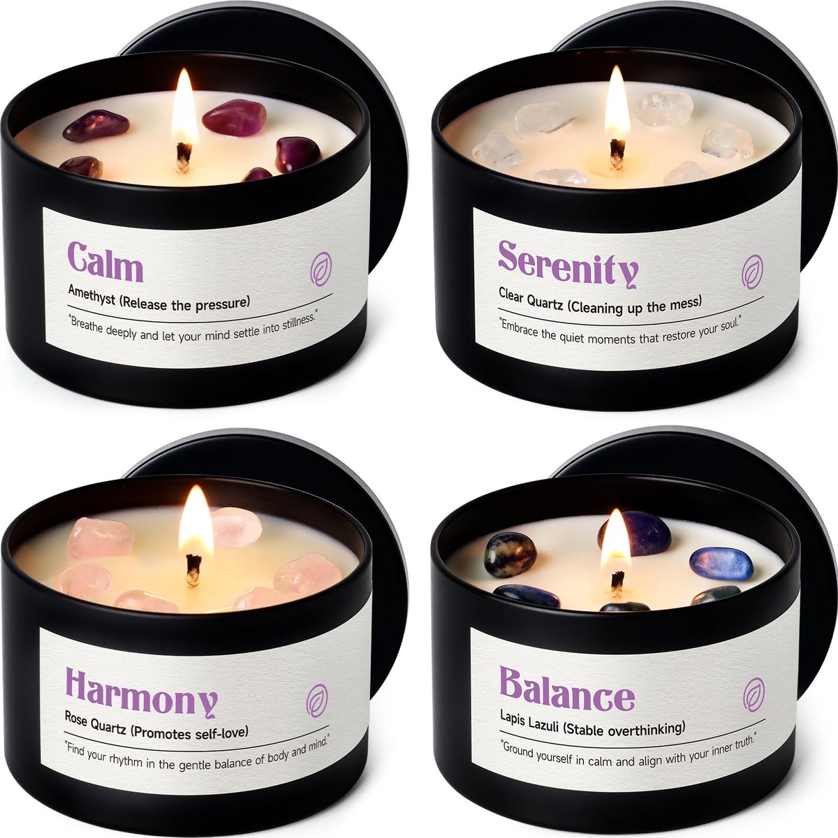 AOOVOO Kristall-Beruhigungskerzen Set für Frauen - 4er-Pack 26 oz Sojawachs-Kerze für duftendes Zuhause, 200 Stunden langanhaltende Kerze, Calm Amethyst/Serenity Clear Quartz/Harmony Rose Quartz/Balance Lapis Lazuli