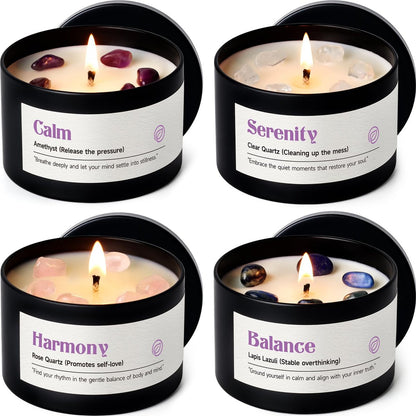 AOOVOO Kristall-Beruhigungskerzen Set für Frauen - 4er-Pack 26 oz Sojawachs-Kerze für duftendes Zuhause, 200 Stunden langanhaltende Kerze, Calm Amethyst/Serenity Clear Quartz/Harmony Rose Quartz/Balance Lapis Lazuli