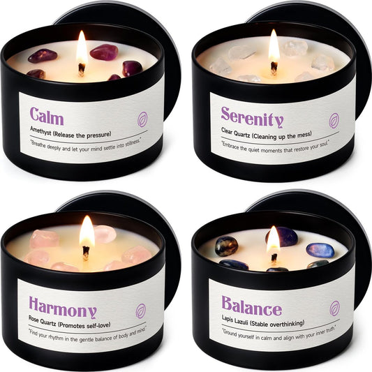 AOOVOO Kristall-Beruhigungskerzen Set für Frauen - 4er-Pack 26 oz Sojawachs-Kerze für duftendes Zuhause, 200 Stunden langanhaltende Kerze, Calm Amethyst/Serenity Clear Quartz/Harmony Rose Quartz/Balance Lapis Lazuli