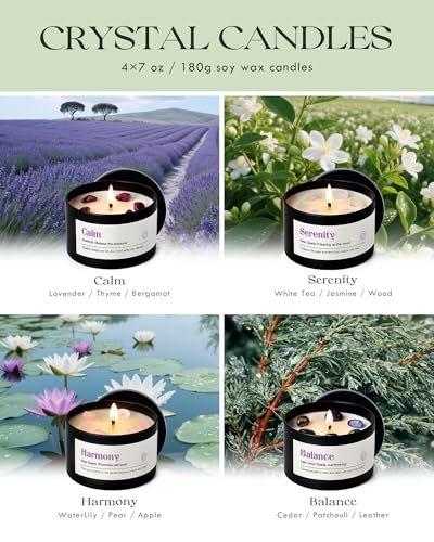 AOOVOO Kristall-Beruhigungskerzen Set für Frauen - 4er-Pack 26 oz Sojawachs-Kerze für duftendes Zuhause, 200 Stunden langanhaltende Kerze, Calm Amethyst/Serenity Clear Quartz/Harmony Rose Quartz/Balance Lapis Lazuli