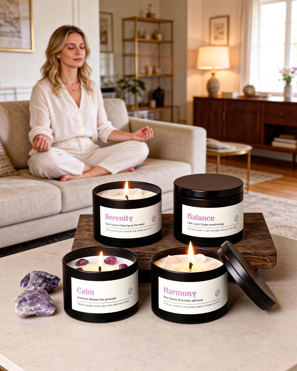 AOOVOO Kristall-Beruhigungskerzen Set für Frauen - 4er-Pack 26 oz Sojawachs-Kerze für duftendes Zuhause, 200 Stunden langanhaltende Kerze, Calm Amethyst/Serenity Clear Quartz/Harmony Rose Quartz/Balance Lapis Lazuli