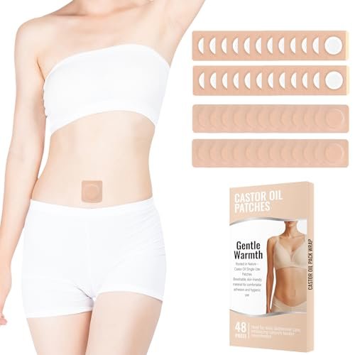 48 Stück Rizinusöl-Pflaster, Bio-Baumwoll-Rizinusöl-Pack-Wrap, atmungsaktiv & selbstklebend für Bauchnabel-Pflaster, tragbar, auslaufsicher, kein Abwaschen, beige