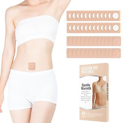 48 Stück Rizinusöl-Pflaster, Bio-Baumwoll-Rizinusöl-Pack-Wrap, atmungsaktiv & selbstklebend für Bauchnabel-Pflaster, tragbar, auslaufsicher, kein Abwaschen, beige