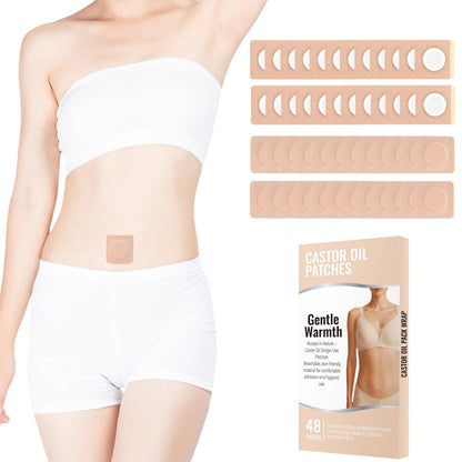 48 Stück Rizinusöl-Pflaster, Bio-Baumwoll-Rizinusöl-Pack-Wrap, atmungsaktiv & selbstklebend für Bauchnabel-Pflaster, tragbar, auslaufsicher, kein Abwaschen, beige