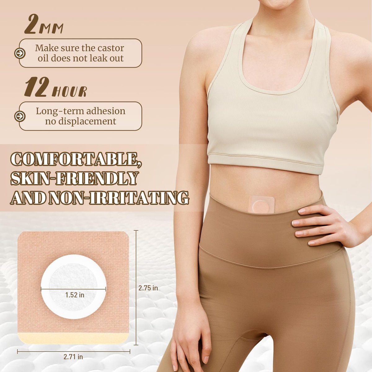 48 Stück Rizinusöl-Pflaster, Bio-Baumwoll-Rizinusöl-Pack-Wrap, atmungsaktiv & selbstklebend für Bauchnabel-Pflaster, tragbar, auslaufsicher, kein Abwaschen, beige