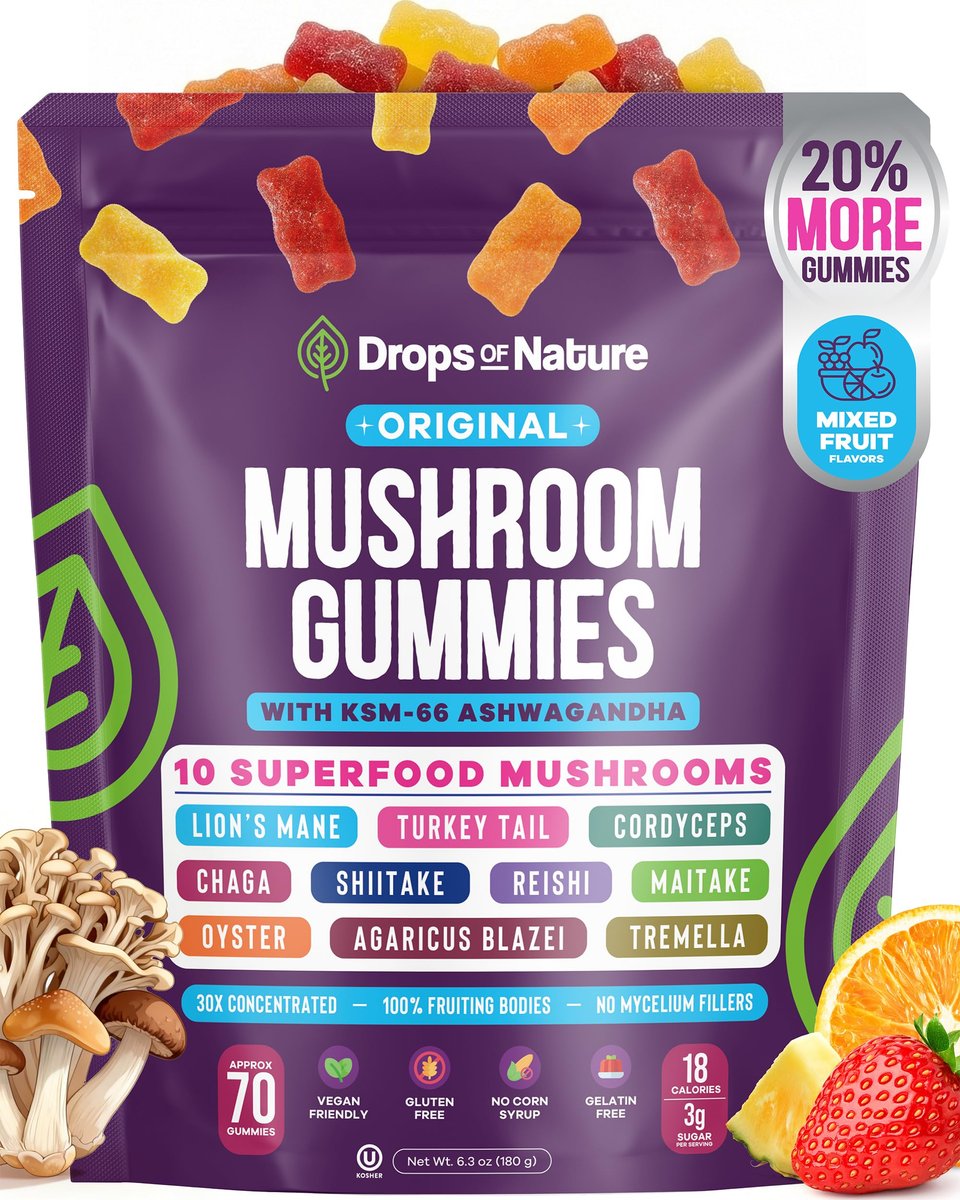 Drops Of Nature 10-in-1 Pilz-Gummibärchen mit KSM-66 Ashwagandha – Löwenmähne, Cordyceps, Shiitake, Reishi, Tremella, Austernpilz, Agaricus – Vegane funktionelle Superfood-Gummibärchen (Mischfrüchte, 70 Stück)
