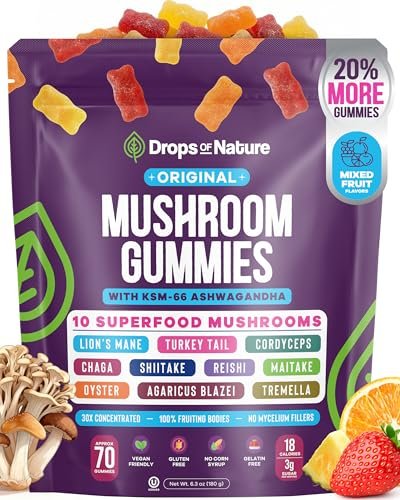 Drops Of Nature 10-in-1 Pilz-Gummibärchen mit KSM-66 Ashwagandha – Löwenmähne, Cordyceps, Shiitake, Reishi, Tremella, Austernpilz, Agaricus – Vegane funktionelle Superfood-Gummibärchen (Mischfrüchte, 70 Stück)