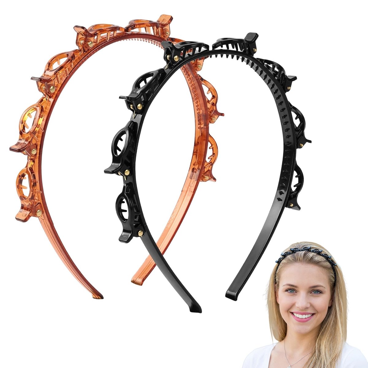 LUSTRIB 2 Stück Doppellagiger Haarreif mit Clips, Professionelles Weben von Pony-Haarnadeln mit Zähnen, Stilvoller geflochtener Haarreif für Frauen, Styling-Tool für alle Haartypen (Schwarz & Braun)