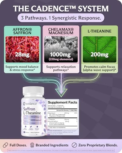 Evolance Saffron Extrakt mit Affron 28mg, Magnesiumglycinat 1000mg, L-Theanin 200mg – Für Stress- und Stimmungsunterstützung, Schlaf & Konzentration, Melatoninfrei, 60 vegane Kapseln