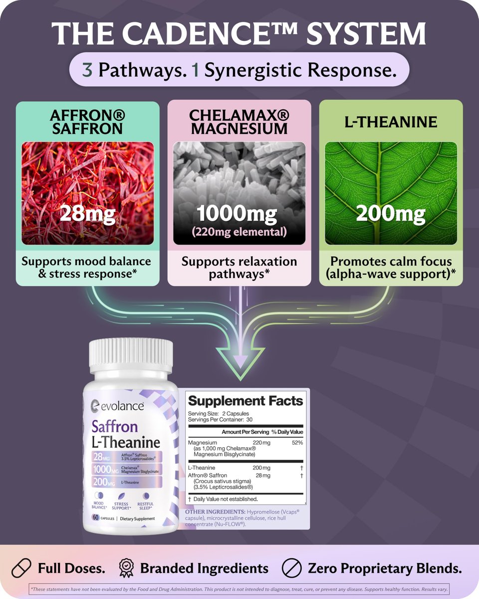 Evolance Saffron Extrakt mit Affron 28mg, Magnesiumglycinat 1000mg, L-Theanin 200mg – Für Stress- und Stimmungsunterstützung, Schlaf & Konzentration, Melatoninfrei, 60 vegane Kapseln