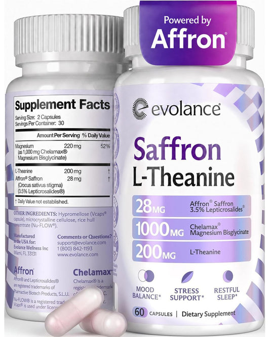 Evolance Saffron Extrakt mit Affron 28mg, Magnesiumglycinat 1000mg, L-Theanin 200mg – Für Stress- und Stimmungsunterstützung, Schlaf & Konzentration, Melatoninfrei, 60 vegane Kapseln