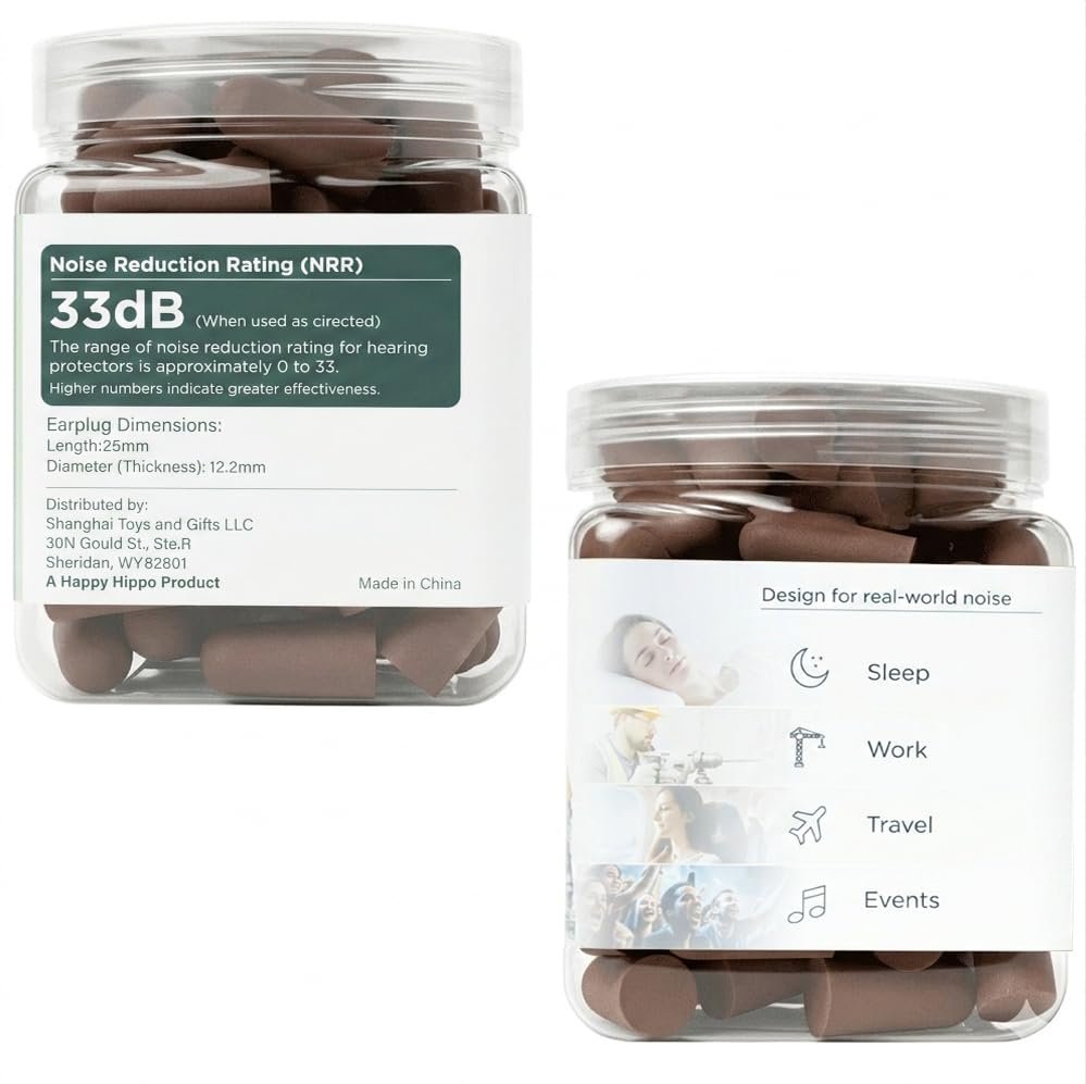 Happy Hippo Schaumstoff-Ohrstöpsel, 33 dB NRR, (50 Paar, 100 Ohrstöpsel), Maximaler Schutz für Schlafen, Elektrowerkzeuge, laute Arbeitsumgebungen (Dunkelbraun)