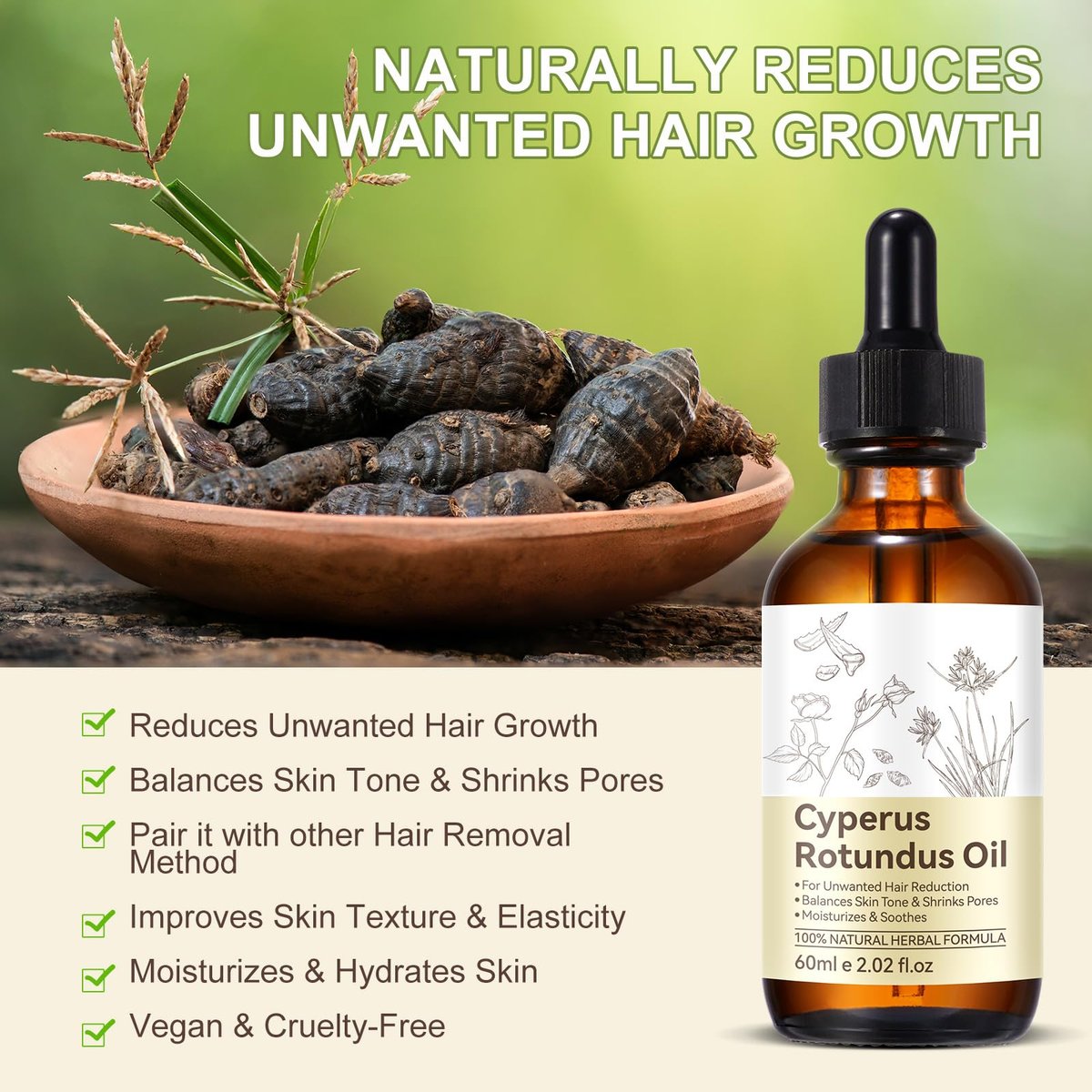 CFXYHNOX Cyperus Rotundus Öl zur Haarentfernung, 100% reines natürliches Öl für Haut- und Haarpflege, unterstützt die Hautfeuchtigkeit, geeignet für alle Hauttypen, 1 Packung