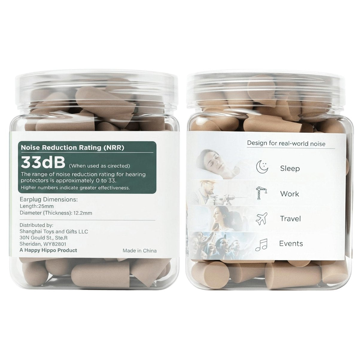 Happy Hippo Soft Foam Ohrstöpsel, 33 dB NRR, (50 Paare, 100 Stöpsel), Maximaler Schutz für Schlafen, Elektrowerkzeuge, laute Arbeitsumgebungen (Beige)