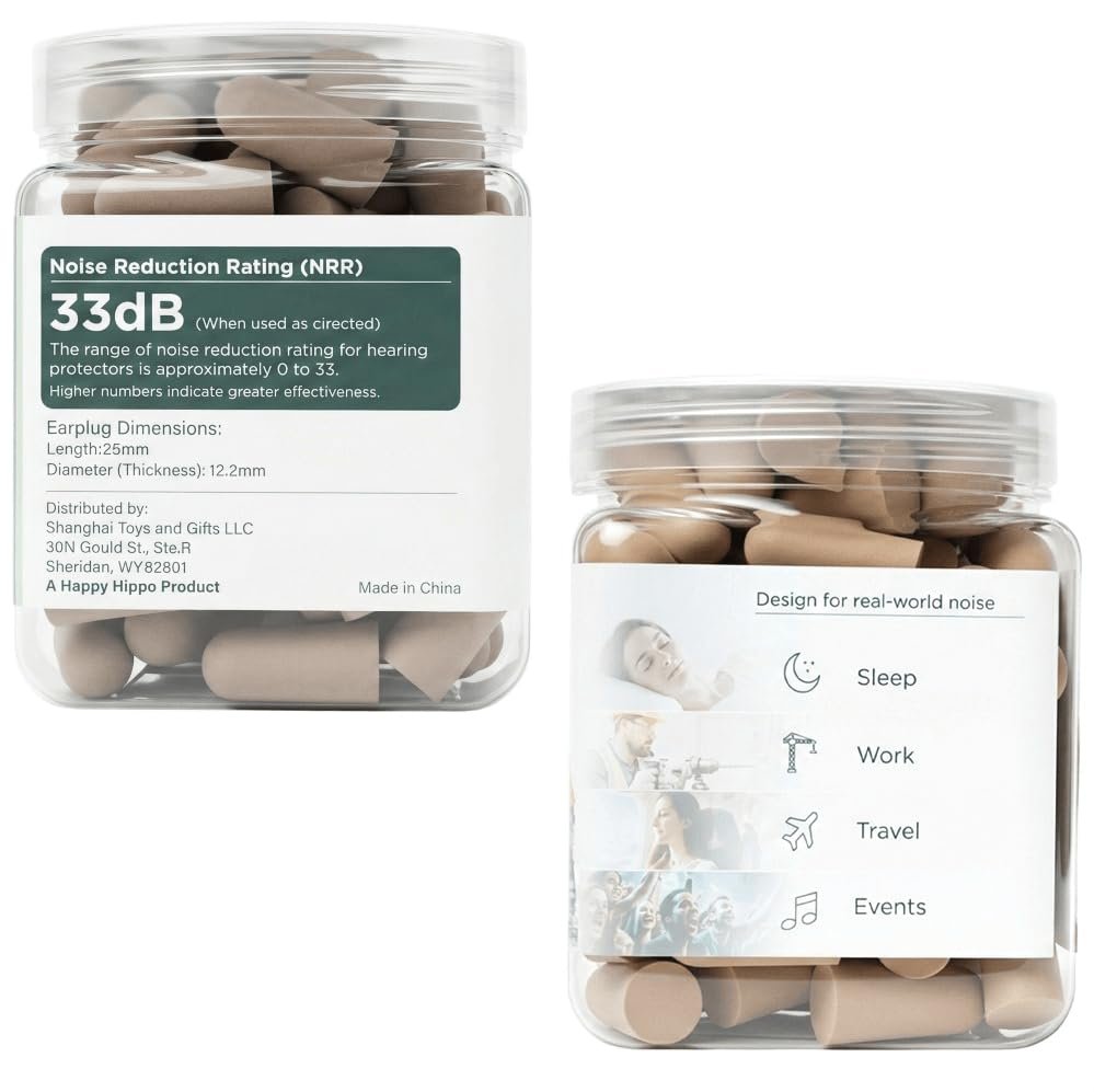Happy Hippo Soft Foam Ohrstöpsel, 33 dB NRR, (50 Paare, 100 Stöpsel), Maximaler Schutz für Schlafen, Elektrowerkzeuge, laute Arbeitsumgebungen (Beige)