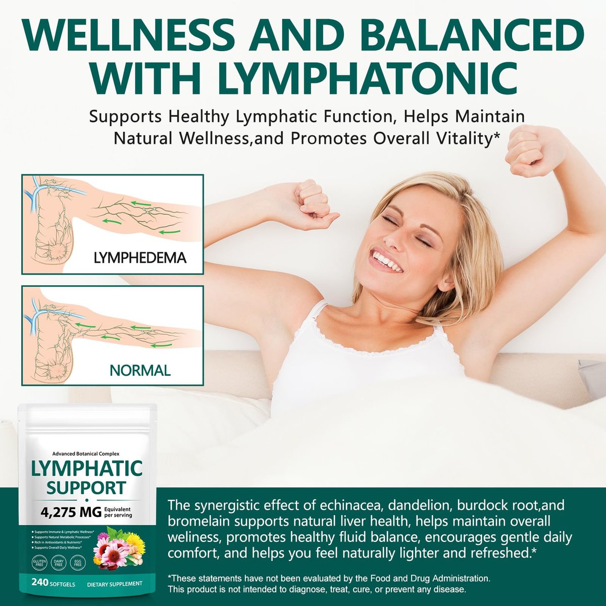 LTQXGT Lymphatic Support Supplement – Fortschrittlicher Botanischer Komplex mit Echinacea, Löwenzahn & Holunderbeere – Antioxidantienreich – Täglich – 240 Softgels