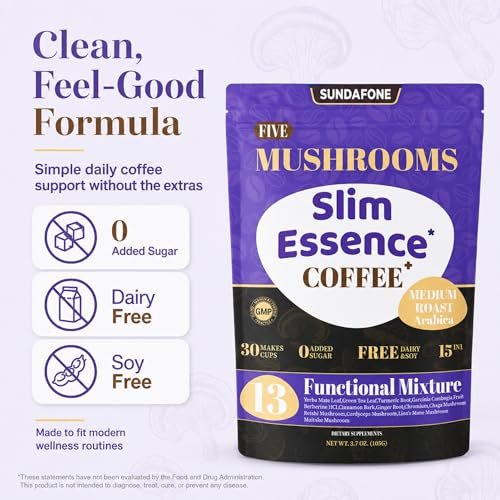 SUNDAFONE Slim Essence Pilzkaffee - 22.500 mg 5-Pilz-Mischung + Botanicals | Unterstützt geistige Klarheit & natürliche Energie | Instant Medium Röstung Arabica, ohne Zuckerzusatz - 30 Portionen