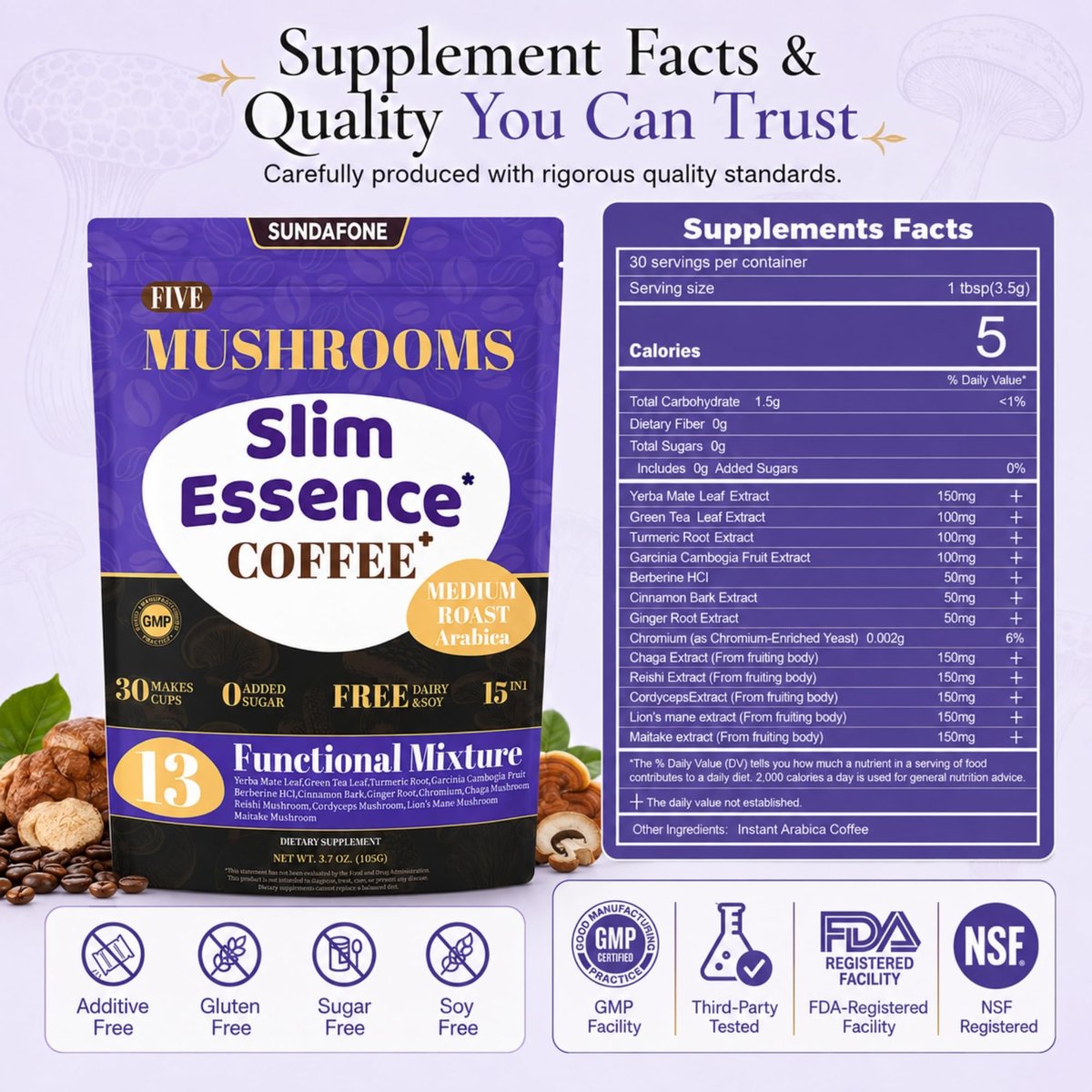 SUNDAFONE Slim Essence Pilzkaffee - 22.500 mg 5-Pilz-Mischung + Botanicals | Unterstützt geistige Klarheit & natürliche Energie | Instant Medium Röstung Arabica, ohne Zuckerzusatz - 30 Portionen
