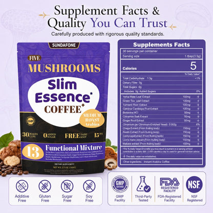 SUNDAFONE Slim Essence Pilzkaffee - 22.500 mg 5-Pilz-Mischung + Botanicals | Unterstützt geistige Klarheit & natürliche Energie | Instant Medium Röstung Arabica, ohne Zuckerzusatz - 30 Portionen