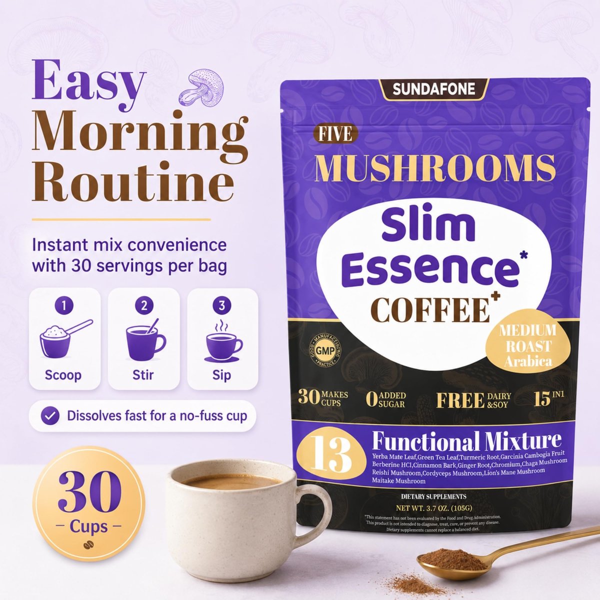 SUNDAFONE Slim Essence Pilzkaffee - 22.500 mg 5-Pilz-Mischung + Botanicals | Unterstützt geistige Klarheit & natürliche Energie | Instant Medium Röstung Arabica, ohne Zuckerzusatz - 30 Portionen