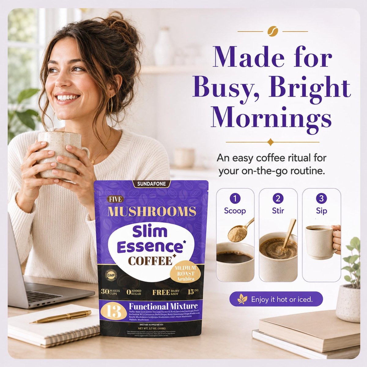 SUNDAFONE Slim Essence Pilzkaffee - 22.500 mg 5-Pilz-Mischung + Botanicals | Unterstützt geistige Klarheit & natürliche Energie | Instant Medium Röstung Arabica, ohne Zuckerzusatz - 30 Portionen