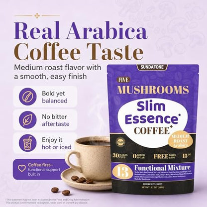 SUNDAFONE Slim Essence Pilzkaffee - 22.500 mg 5-Pilz-Mischung + Botanicals | Unterstützt geistige Klarheit & natürliche Energie | Instant Medium Röstung Arabica, ohne Zuckerzusatz - 30 Portionen