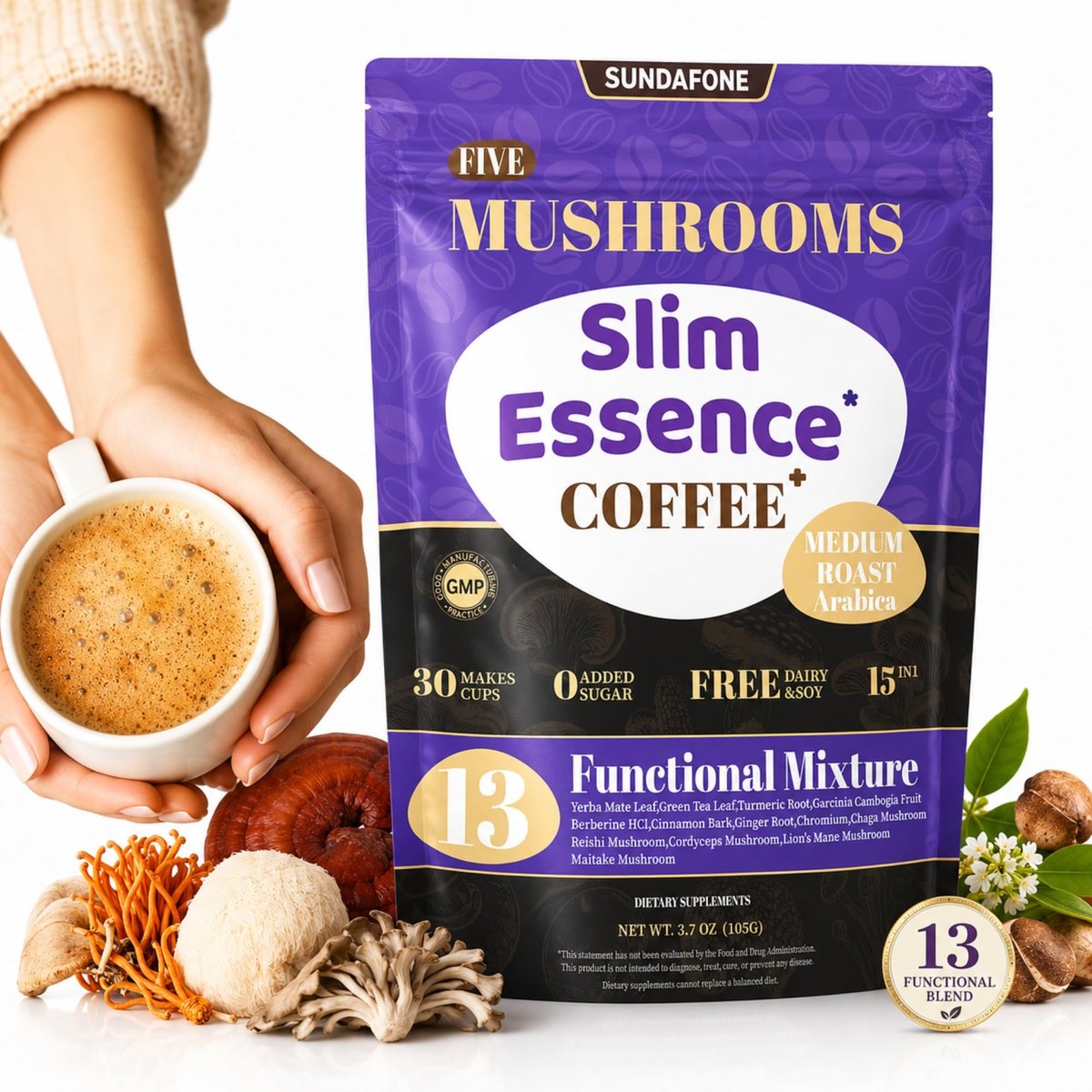 SUNDAFONE Slim Essence Pilzkaffee - 22.500 mg 5-Pilz-Mischung + Botanicals | Unterstützt geistige Klarheit & natürliche Energie | Instant Medium Röstung Arabica, ohne Zuckerzusatz - 30 Portionen