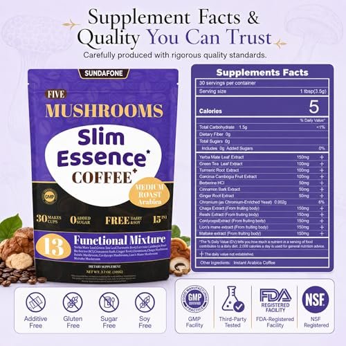 SUNDAFONE Slim Essence Pilzkaffee - 22.500 mg 5-Pilz-Mischung + Botanicals | Unterstützt geistige Klarheit & natürliche Energie | Instant Medium Röstung Arabica, ohne Zuckerzusatz - 30 Portionen