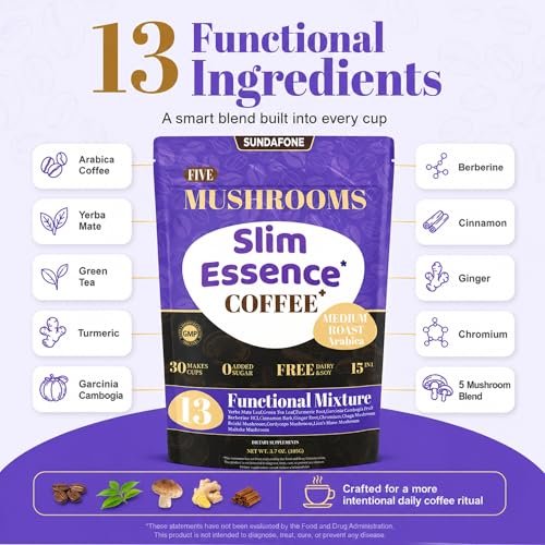 SUNDAFONE Slim Essence Pilzkaffee - 22.500 mg 5-Pilz-Mischung + Botanicals | Unterstützt geistige Klarheit & natürliche Energie | Instant Medium Röstung Arabica, ohne Zuckerzusatz - 30 Portionen