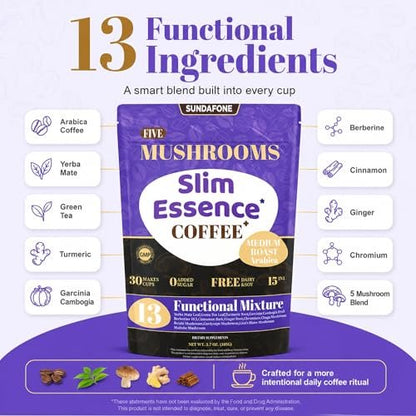SUNDAFONE Slim Essence Pilzkaffee - 22.500 mg 5-Pilz-Mischung + Botanicals | Unterstützt geistige Klarheit & natürliche Energie | Instant Medium Röstung Arabica, ohne Zuckerzusatz - 30 Portionen
