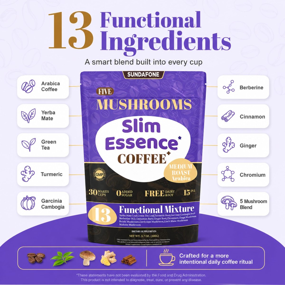 SUNDAFONE Slim Essence Pilzkaffee - 22.500 mg 5-Pilz-Mischung + Botanicals | Unterstützt geistige Klarheit & natürliche Energie | Instant Medium Röstung Arabica, ohne Zuckerzusatz - 30 Portionen
