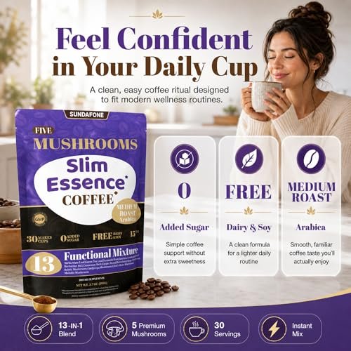 SUNDAFONE Slim Essence Pilzkaffee - 22.500 mg 5-Pilz-Mischung + Botanicals | Unterstützt geistige Klarheit & natürliche Energie | Instant Medium Röstung Arabica, ohne Zuckerzusatz - 30 Portionen