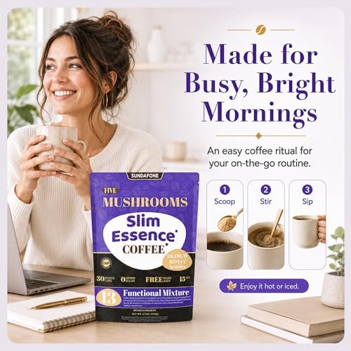 SUNDAFONE Slim Essence Pilzkaffee - 22.500 mg 5-Pilz-Mischung + Botanicals | Unterstützt geistige Klarheit & natürliche Energie | Instant Medium Röstung Arabica, ohne Zuckerzusatz - 30 Portionen