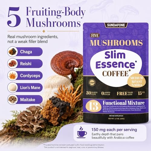 SUNDAFONE Slim Essence Pilzkaffee - 22.500 mg 5-Pilz-Mischung + Botanicals | Unterstützt geistige Klarheit & natürliche Energie | Instant Medium Röstung Arabica, ohne Zuckerzusatz - 30 Portionen
