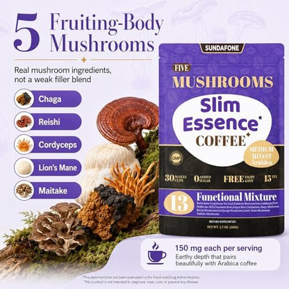SUNDAFONE Slim Essence Pilzkaffee - 22.500 mg 5-Pilz-Mischung + Botanicals | Unterstützt geistige Klarheit & natürliche Energie | Instant Medium Röstung Arabica, ohne Zuckerzusatz - 30 Portionen