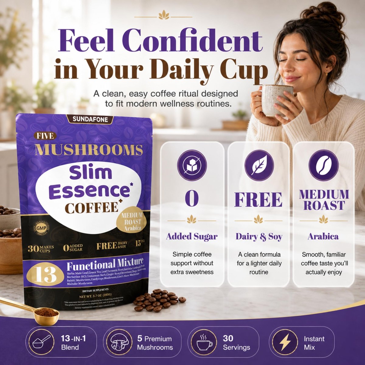 SUNDAFONE Slim Essence Pilzkaffee - 22.500 mg 5-Pilz-Mischung + Botanicals | Unterstützt geistige Klarheit & natürliche Energie | Instant Medium Röstung Arabica, ohne Zuckerzusatz - 30 Portionen