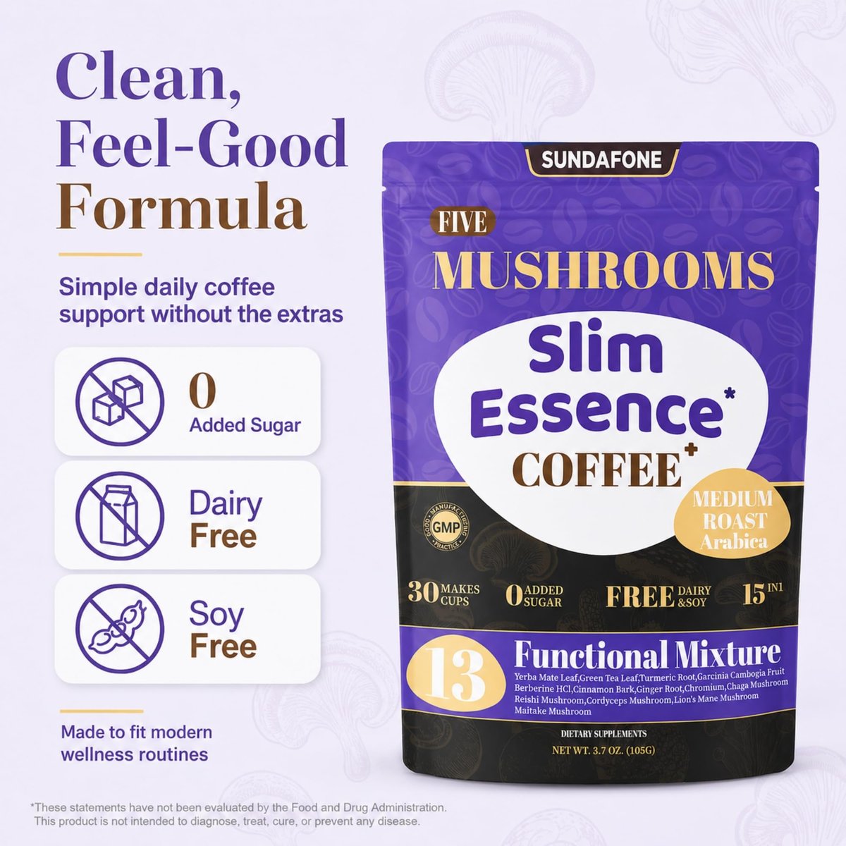 SUNDAFONE Slim Essence Pilzkaffee - 22.500 mg 5-Pilz-Mischung + Botanicals | Unterstützt geistige Klarheit & natürliche Energie | Instant Medium Röstung Arabica, ohne Zuckerzusatz - 30 Portionen