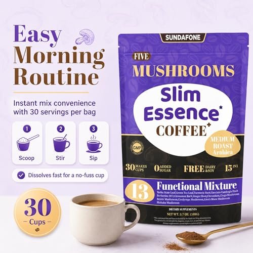 SUNDAFONE Slim Essence Pilzkaffee - 22.500 mg 5-Pilz-Mischung + Botanicals | Unterstützt geistige Klarheit & natürliche Energie | Instant Medium Röstung Arabica, ohne Zuckerzusatz - 30 Portionen