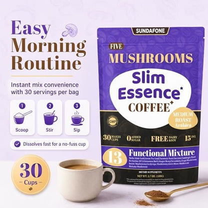 SUNDAFONE Slim Essence Pilzkaffee - 22.500 mg 5-Pilz-Mischung + Botanicals | Unterstützt geistige Klarheit & natürliche Energie | Instant Medium Röstung Arabica, ohne Zuckerzusatz - 30 Portionen