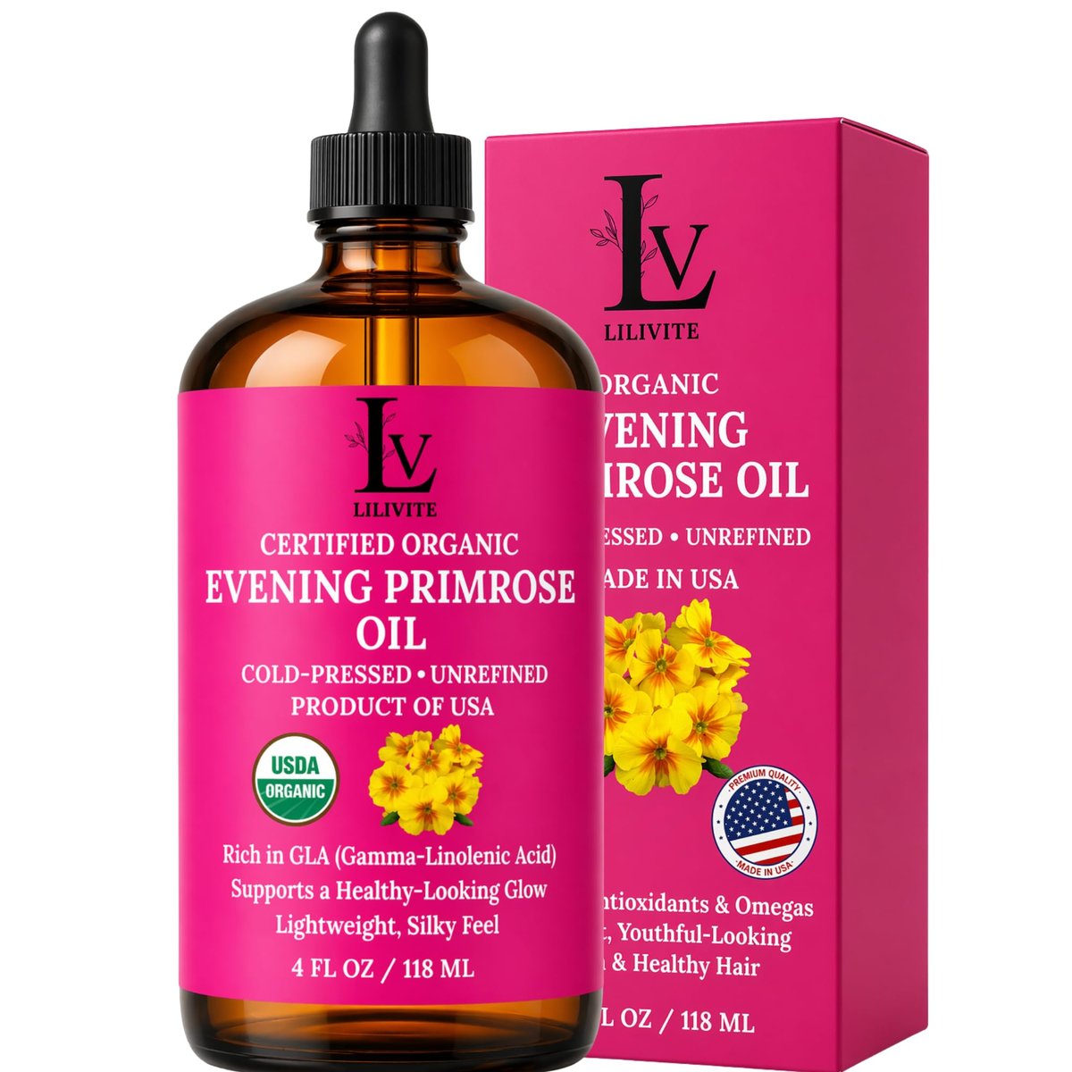 Nachtkerzenöl – 100% rein, kaltgepresst & unraffiniert, Bio Nachtkerzenöl, reich an natürlichen Fettsäuren & Antioxidantien – für Haut, Haare, Massage & Trägeröl, 120 ml Glasflasche