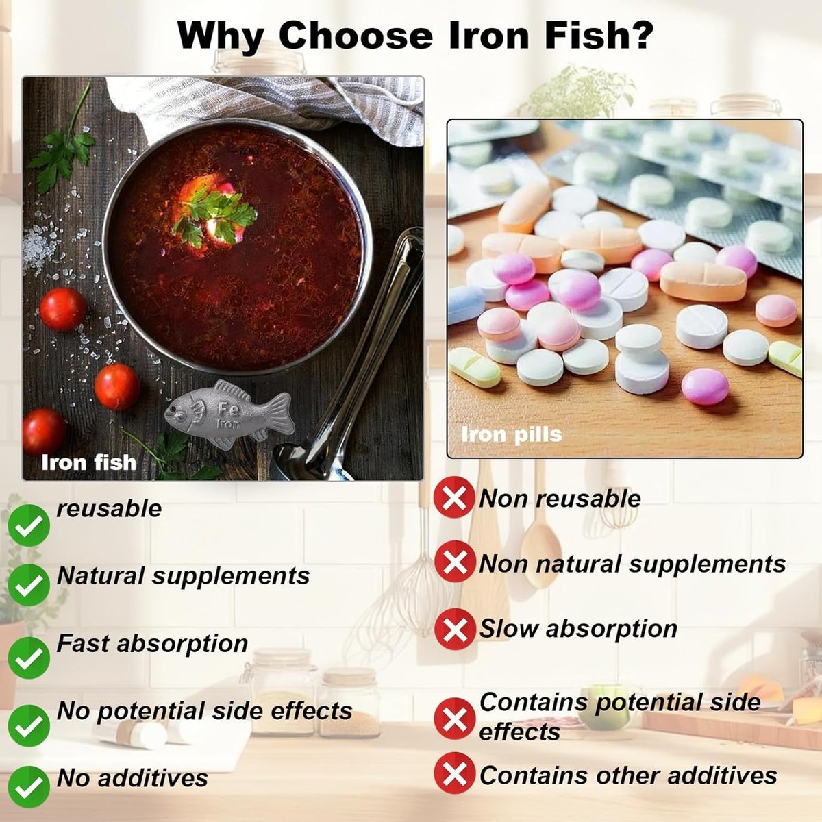 Eisen Fisch Kochwerkzeug – Natürliche Eisenquelle für Veganer, ideales Geschenk (1 Packung)