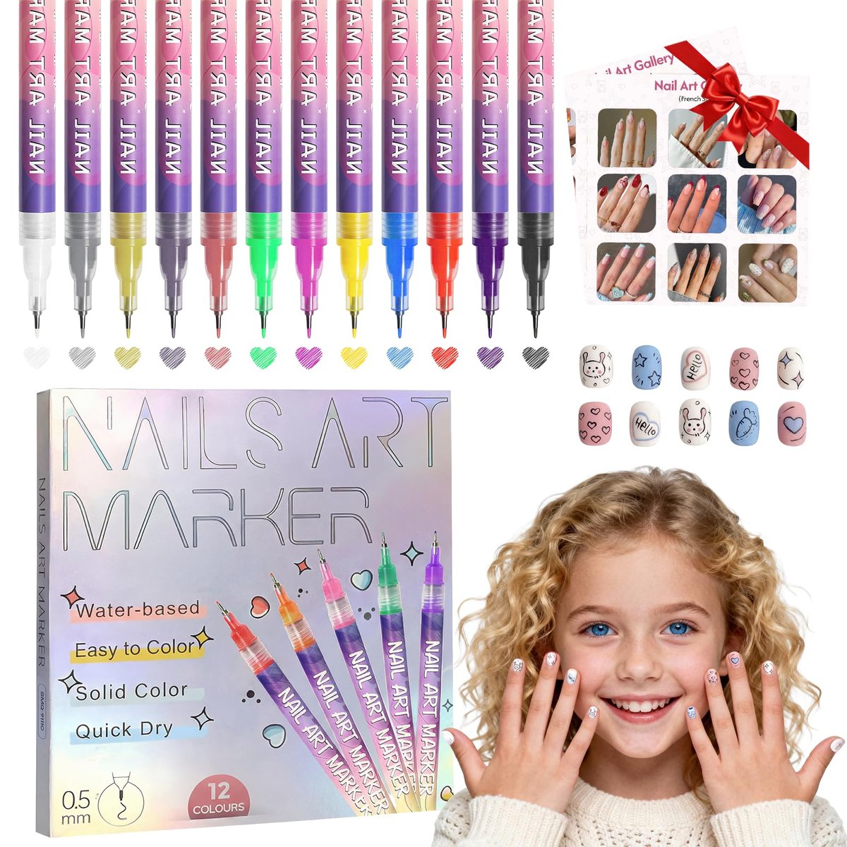 Nagelkunststifte für Nagelmalerei – 12 Farben Nagelkunst-Marker-Set mit 0,5 mm Feinspitze – Nagel-Doodle-Stifte für Mädchen, Kinder und Frauen