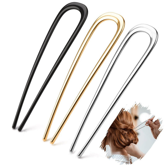3er-Set French Haarspangen für dickes Haar, Metall U-förmige Twist-Pins für Damen, Große 14 cm Dutt-Pins für Hochsteckfrisuren, Haarschmuck (Silber, Gold, Schwarz)