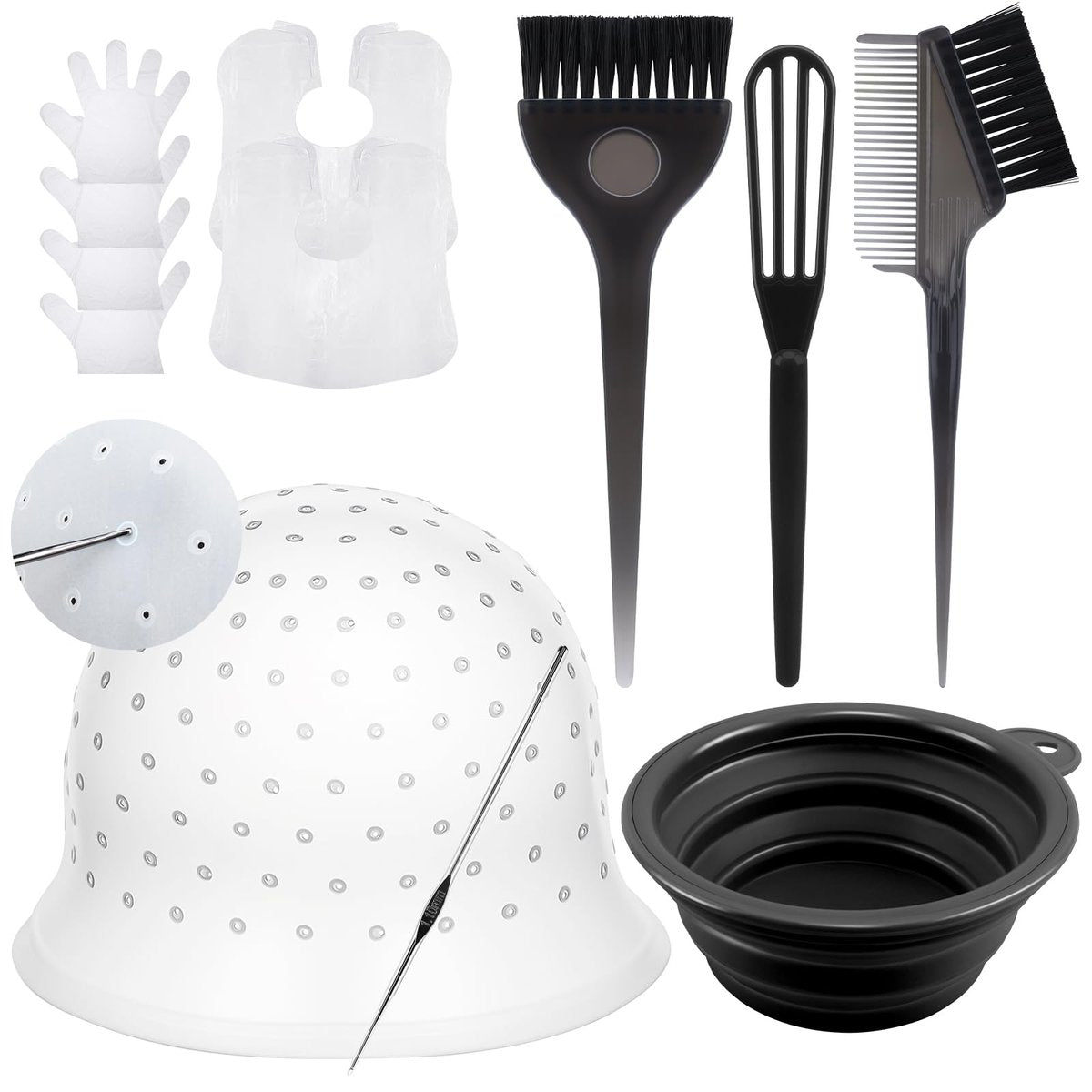 YOOVR 12-teiliges Haarbleich-Set mit Färbepinsel und Schüssel, vorgestanzter Silikon-Highlight-Kappe, Umhang und Handschuhen für Haarbleiche, Färben und Strähnchen – Friseurbedarf für zu Hause