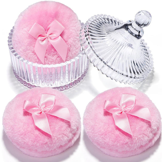 Teenitor 4er-Pack Puderquaste mit Behälter, weicher Puderpuff und Glas-Kristalldose für Körperpuder, Rosa