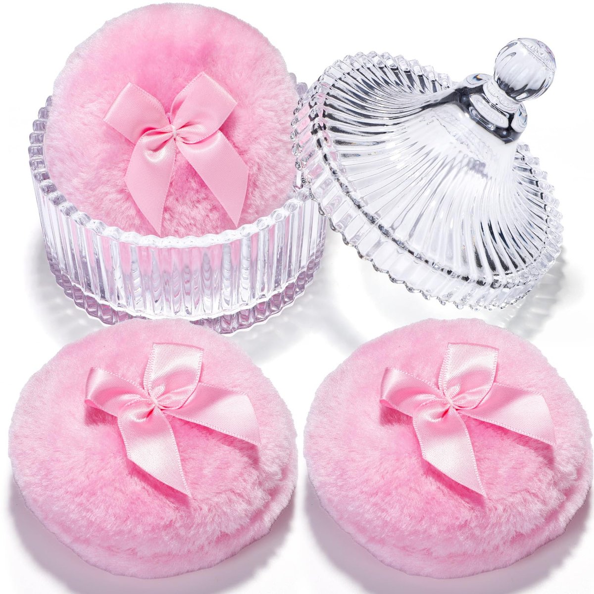 Teenitor 4er-Pack Puderquaste mit Behälter, weicher Puderpuff und Glas-Kristalldose für Körperpuder, Rosa