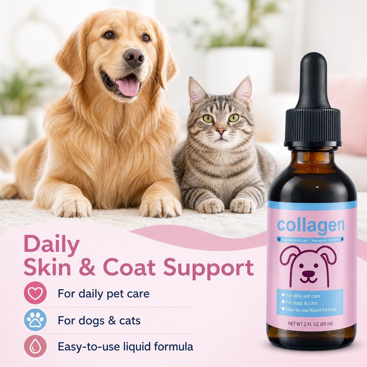 Flüssiges Kollagen für Hunde & Katzen – Weidekollagen-Peptide mit Biotin, Vitamin C & Hyaluronsäure für Haut & Fell