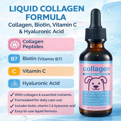 Flüssiges Kollagen für Hunde & Katzen – Weidekollagen-Peptide mit Biotin, Vitamin C & Hyaluronsäure für Haut & Fell