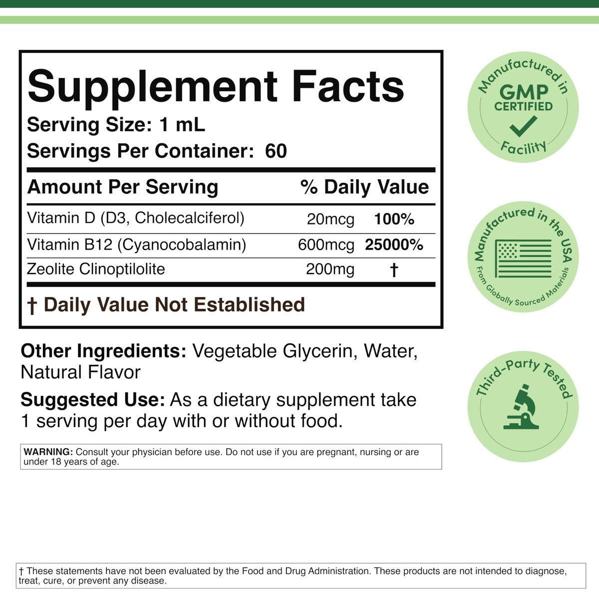 Double Wood Supplements Flüssiges Zeolith Detox – 200 mg Zeolith Klinoptilolith, mit 600 µg Vitamin B12 und 20 µg Vitamin D – 60 ml (2 Fl Oz)